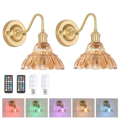 Shenmoyl Battery Operated Wall Sconce Set of 2, Vintage Rechargeable Wall Lights with Amber Lily Glass Shade, Wireless Indoor Wall Lamp with Remote for Bedroom Living Room Bathroom - Image 1
