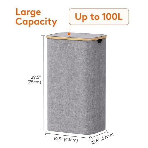 Lifewit 100L Laundry Basket with Lid, Clothes Hampers for Laundry with Bamboo Handles and 1 Removable Bag, Large Foldable Laundry Hamper for Bedroom, Bathroom, Dorm, Laundry Room, Light Gray thumbnail 3