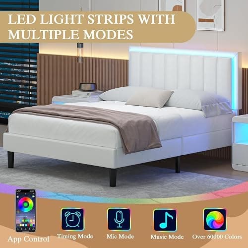 IMMERSTABLE Full Bed Frame with Headboard, RGB LED Bed, White | App-Controlled RGB Lights, Faux Leather Headboard, Wood Slat Support, No Box Spring Needed, Quiet Design, Easy Assembly thumbnail 3