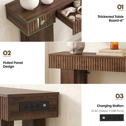 Unikito 47" Entryway Table with 2 Storage Drawers & Outlets, Fluted Design | USB-C Charging, Narrow Sofa Table Behind the Couch, Versatile Console Table for Entryway Hallway Foyer Living Room thumbnail 5