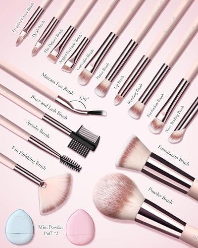 Makeup Brushes with Case, 20PCs Travel Makeup Brush Set, Foundation Concealer Blush Eyeshadow Brush Set Contour Powder Eyebrow Eyelash Brush Kit with Led Light Mirror Holder & 2 Powder Puff-Pink thumbnail 6