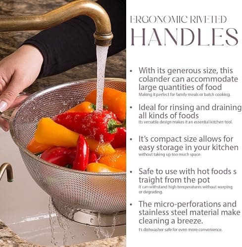 Bellemain Colander for Kitchen – 5 Qt Stainless Steel Strainer with Handle - Pasta Strainer Bowl for Pasta, Spaghetti, Vegetables, Fruit, and Pot Draining - Stainless Steel Colander thumbnail 7