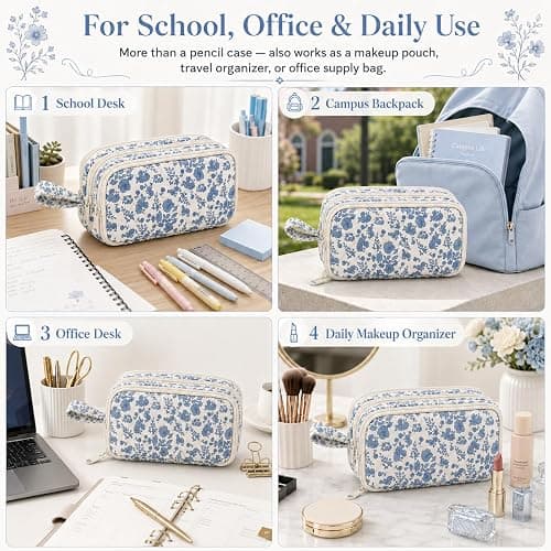Shirabags Cute Quilted Pencil Case for Girls, 3 Compartment Organizer | Large Capacity Pencil Case,Soft Quilted Floral Design with 3 Zipper Compartments For School Office Travel (Blue Floral) thumbnail 5