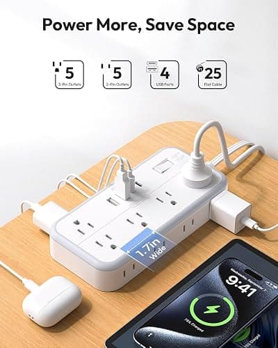 Flat Extension Cord 25 FT, NTONPOWER Long Surge Protector Power Strip, 10 Outlets 4 USB Ports (2 USB C), 3 Side 3 Prong & 2 Prong, 2700J, Overload Protection, Flat Plug Wall Mount, White, SurgePro thumbnail 3