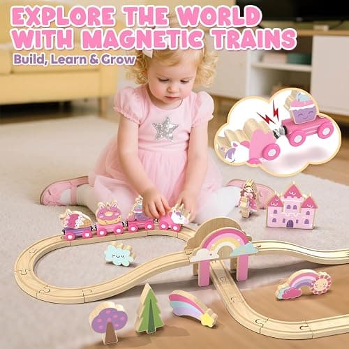 Lehoo Castle Wooden Train Set - Unicorn Train Set for Toddlers 2-4, Wooden Train Track Toddler Girl Toys, Pink Train Fantasy Toys for 3 4 5 6 7 Year Old Girl thumbnail 8