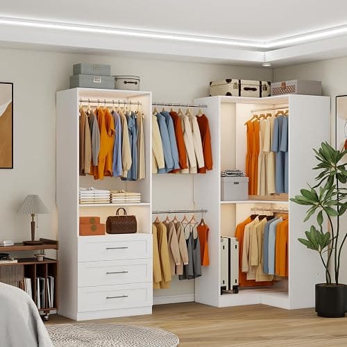 Secilix Closet System with 3 Wooden Drawers, 4.5-6FT Corner Closet Organizer System for Walk in Closet, Heavy Duty Modular Closet Systems, Built-in Shelving System with 5 Hanging Rods, 2-Piece Set thumbnail 4