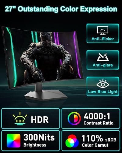 SANSUI 27 Inch Curved 160Hz Gaming Monitor, 1500R Curved Computer Gaming Monitor FHD 1080P, 4000:1, 110% sRGB, FPS/RTS, 1Ms MPRT|FreeSync|HDR|Low Blue Light|HDMI DP| VESA Support, HDMI Cable Incl. thumbnail 7