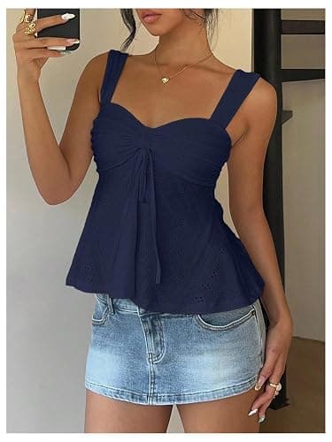 Milumia Women's Eyelet Tie Front Ruched Tank Tops Y2k Going Out Peplum Top | Babydoll, Sexy Slim Fit, Sleeveless, Flowy, Summer, Beach Vacation Outfits, Country Concert thumbnail 4