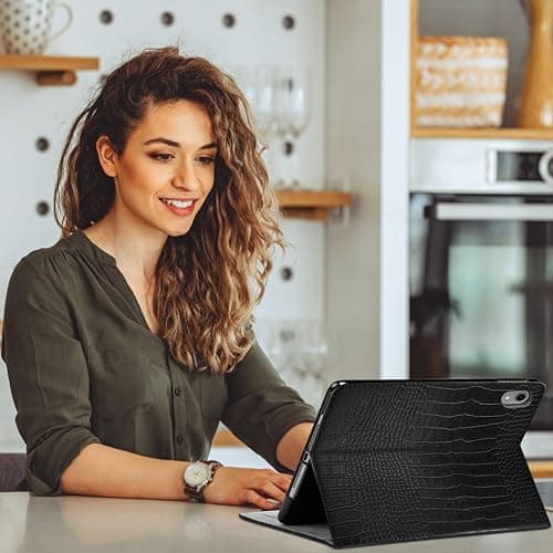Deokke Premium Leather Compatible with iPad (A16) 11th Generation 11 Inch Case 2025,iPad 10th Generation 10.9 Inch Case 2022,Pencil Holder Folio Crocodile Auto Sleep/Wake Cover Women Girls-Black thumbnail 7