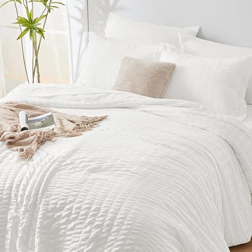 CozyLux Oversized Queen Comforter Set White Seersucker 7 Pieces 98x98 Bed in a Bag Comforter Set with Sheets, Luxury Soft Bedding Sets with Down Alternative Comforter, Sheets, Pillowcases & Shams thumbnail 7