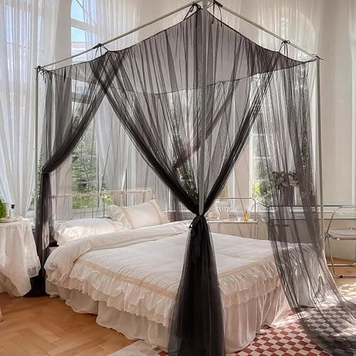 Anmas Home Mosquito Net Bed Canopy with 66ft LED Star String Lights, Black Netting Four Corner Post Curtains Elegant Mosquito Net thumbnail 3