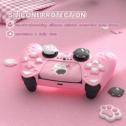 PlayVital for PS5 Controller Cover Skin - Cherry Blossoms Kitten Anti-slip Grip Skin with Thumb Grip & Sticker - Soft Rubber Protector for PS5 Controller Accessories - Pink thumbnail 7