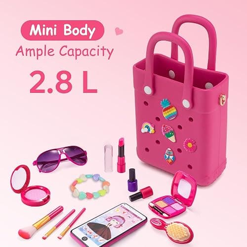 Mini Rubber Tote Bag, with 30Pcs Charms & 1Pcs Adjustable Shoulder Strap | X-Small EVA Beach Tote, Size: 8.07 × 6.7 × 3.15in, Long-Lasting and Not Easy to Fade, Fit for Little Girls and Women thumbnail 5