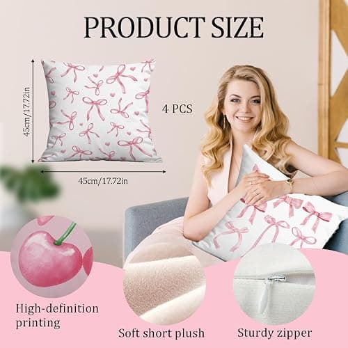 4 Packs Plush Fabric Cushion Covers, 45x45cm Pink Pillowcase for Home Decor Double-Sided Printing Watercolor Room Decor for Teen Girls Cute Coquette Pillow Covers for Living Room Decoration (B) thumbnail 3