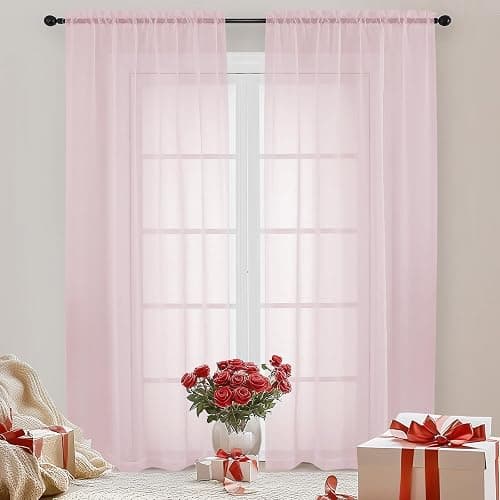 OWEINE Sheer Curtains 84 Inches Long 2 Panels Set, Rod Pocket Fimly Voile Solid Blush Window Curtain Panels for Living Room Bedroom, Soft Voile Sheer Curtains & Drapes, Total 84 Inches Width - Image 1