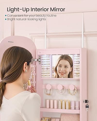 SONGMICS Jewelry Organizer, LED Jewelry Cabinet Wall/Door Mounted, Lockable Rounded Wide Mirror with Storage, Christmas Gift 3.9 x 16.5 x 42.5 Inches, Jelly Pink Surface with Cream White Lining thumbnail 6
