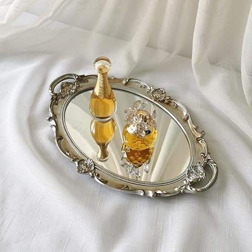 Yamfurga Oval Decorative Mirror Tray, French Style, Makeup Organizer, Jewelry Organizer, Serving Tray, 9.8"x 14.6", Golden Silver thumbnail 5
