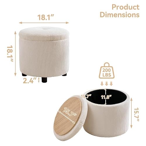 WUTUTUEE Corduroy Storage Ottoman with Flip-Top Tray, Modern Upholstered Ottoman Coffee Table, Dual Leg Options Ottoman Footrest for Living Room, Bedroom, Office, White thumbnail 2