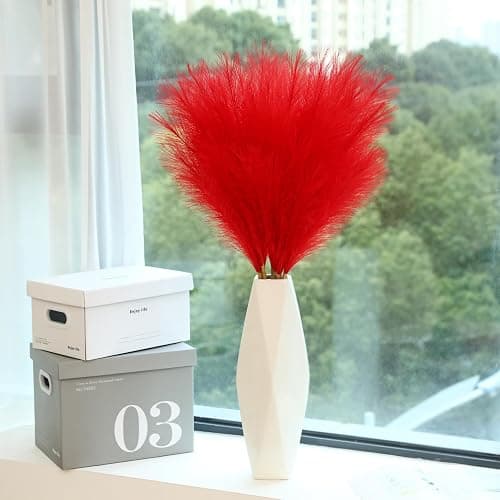 Wertuirk 9 Stems Red Pampas Grass - 38 Inch Tall Fluffy Faux Pampas Grass Decor, Long Artificial Pompas Floral for Living Room, Wedding Centerpieces and Home Decor (Red) - Red thumbnail 5