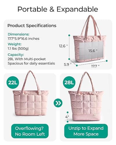 BAGSMART Expandable Tote Bag for Women, Puffer Work Tote Handbag, Quilted Carry On Bag for Travel Gym thumbnail 2