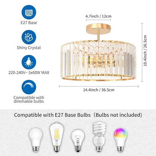 ANWIO Gold Lampshade Light Shade,Kitchen Lights Ceiling,Ceilings Lights Living Room,E27 Light Shade Ceiling,Morden Crystal Ceilings Light,Lounge Lights,Chandelier Lampshade(36.5CM,3 Holder) thumbnail 2