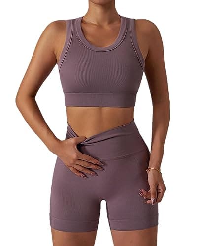 ABOCIW Workout Sets for Women 2 Piece Seamless Ribbed Tank Top Sport Bra High Waist Biker Shorts GYM Yoga Exercise Outfits - Light Brown - Medium - Image 1
