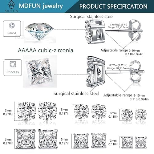 MDFUN 6 Pairs Stud Earrings Set 3mm/5mm/7mm Princess & Round Cubic Zirconia Earrings Hypoallergenic 316L Surgical Stainless Steel CZ Earrings for Women Men thumbnail 6