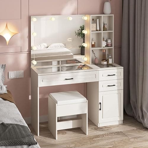 Fameill White Vanity Desk with Mirror and Lights,Glass Top Vanity Table with 3 Drawers and Cabinets,Large HD Mirror Makeup Desk,3 Lighting Modes, Brightness Adjustable,45 in(L) thumbnail 9