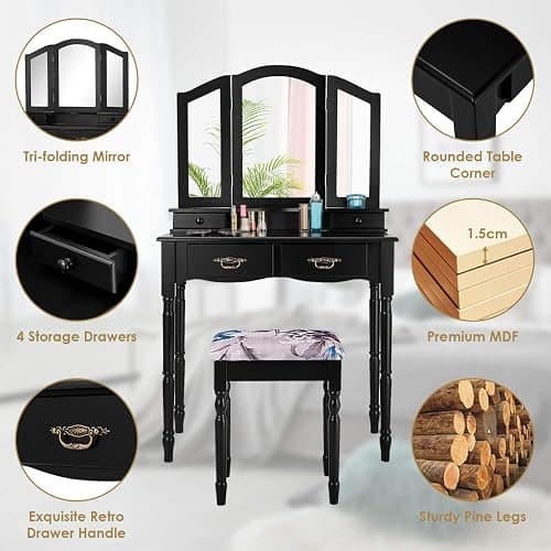 Giantex Vanity Set with Tri-Folding Mirror, Makeup Dressing Table with 4 Drawers and Storage Shelf, Modern Bedroom Bathroom Makeup Vanity Desk with Cushioned Stool for Girls Women (Black) thumbnail 6