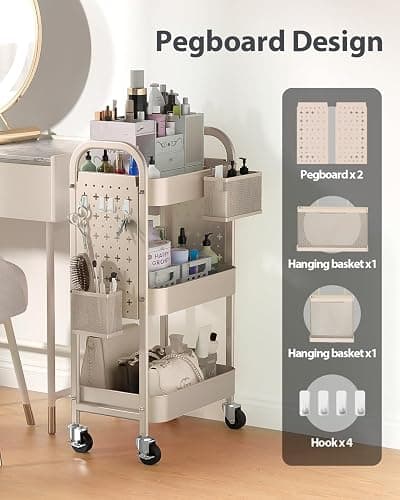 ALVOROG 3 Tier Rolling Cart with DIY Pegboards Metal Utility Cart with Wheels Handles Baskets Hooks, Craft Cart for Office Kitchen Bathroom(Khaki) thumbnail 4