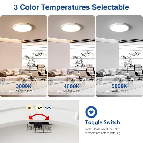 6 Pack 12 Inch Hardwired Dimmable LED Flush Mount Ceiling Light Fixtures, 24W 2640LM 3000K/4000K/5000K, House Upgrade Led Lights for Bedroom Hallway Laundry Room Rental Units, 240W Equiv., White thumbnail 2