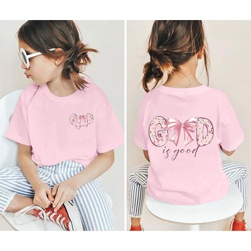 Wedsadl Girls Cute Christian Bow Shirt God is Good Jesus Shirts for Kids Graphic Tee Faith Bible Verse Religious Cotton Tops thumbnail 4