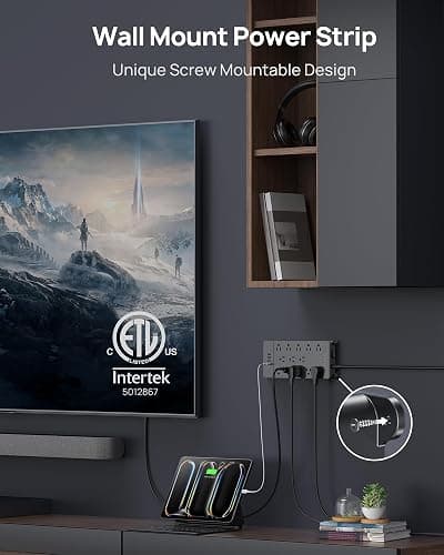 TROND Surge Protector Power Bar with USB C, 4000 Joules, ETL Listed, 13 Widely Spaced Outlets, 5ft Flat Plug Extension Cord Indoor, 14AWG Heavy Duty, Wall Mountable for Home Office Supplies, Black thumbnail 5