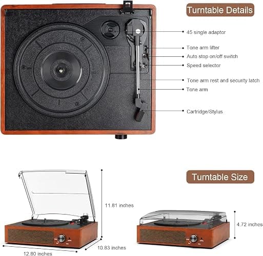 Vinyl Player Bluetooth Turntable Vinyl Record Player with Speakers Turntables for Vinyl Records 3 Speed Belt Driven Vintage Record Player Vinyl Turntable for Entertainment AUX in RCA Out thumbnail 2
