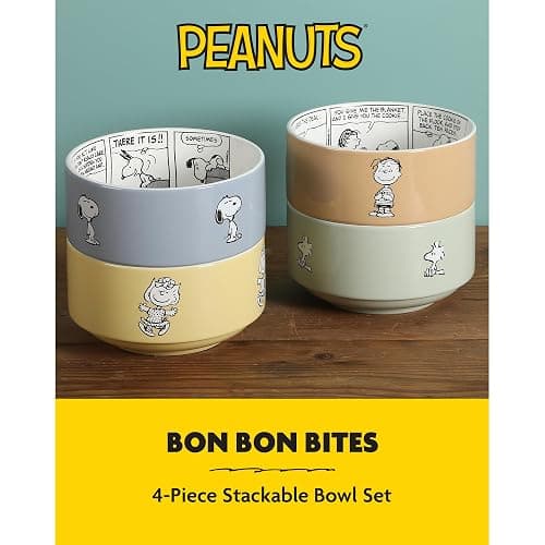 Peanuts Snoopy Bonbon Bites 4-Piece 5.5-Inch Decorated Stoneware Ceramic Stackable Bowl Set, Microwave & Dishwasher Safe Snack and Dessert Bowls thumbnail 3