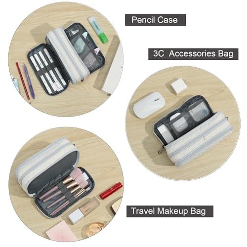 Della Gao Large Pencil Case, Big Capacity Pencil Pouch with 3 Compartments, Office Pencil Bag with Zipper, Big Pen Case for Adults (Beige-03RH) thumbnail 6