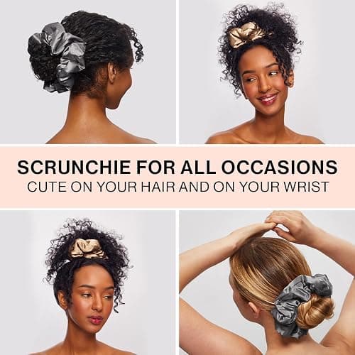 Kitsch Satin Scrunchies for Women - No Crease Hair Ties for Girls | Big Scrunchies for All Hair Types and Textures, Perfect for Day or Night | Ideal Gifts for Women - 2 Pcs, Charcoal and Gold thumbnail 5
