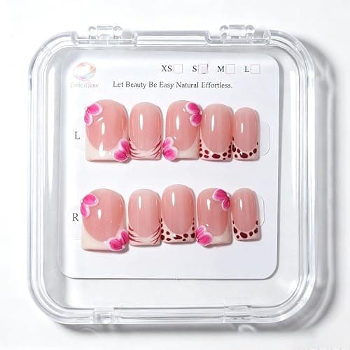 Handmade Short Square French Press On Nails,Reusable&Salon Quality(Y207, M) | 10Pcs Daily & Party Fake Nails | Easy Apply & Remove | Nude Pink Press Ons with 3D Pink Flowers, Line & Dot French Accents thumbnail 4