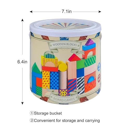 Offelec 50 Pcs Wooden Building Blocks Set with Storage Bucket, Montessori Stacking Blocks & Shape Sorting Toys for Toddlers, Preschool Learning Toys for Boys & Girls, Kids Brightly Colored Blocks thumbnail 3