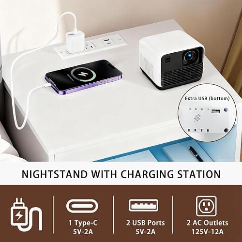 ansefe Night Stand with Charging Station and Ambient Light, LED Nightstand with USB-C Ports and Outlets, Morden Bedside Table with 2 Drawers and Open Compartment, End Table for Bedroom, White thumbnail 4