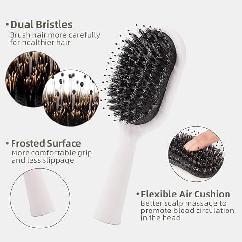 Jurrissa Boar Bristles Hair Brush for Women Men and Kids, Detangling Hair Brush for Smoothing Massage Add Shine, Nylon&Boar Bristles brush for Hair Healthy, Easy to Storage(White) thumbnail 5