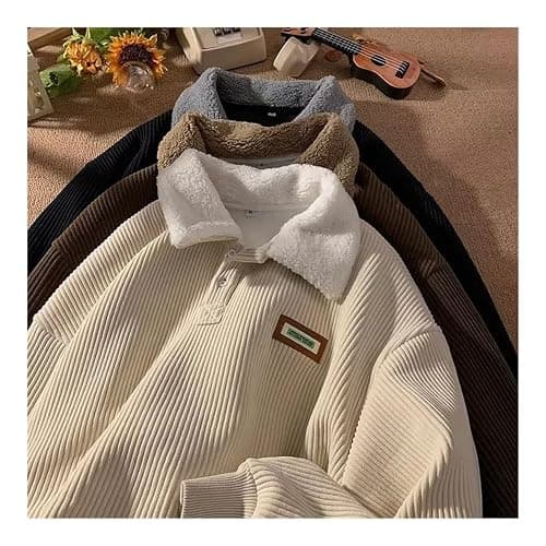 ITAMCO Oversized plus velvet padded corduroy button-down sweatshirt pullover warm contrasting polo hoodie(Brown,Medium) thumbnail 3