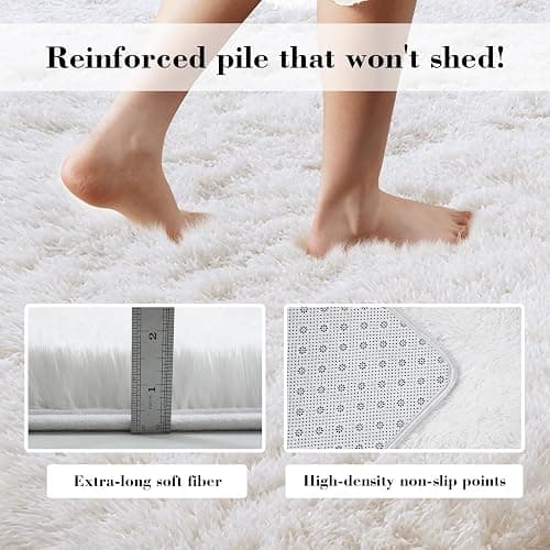 4x6 White Rug for Bedroom, Fluffy Shag Area Rug Small Rug Bedroom Carpet | Upgraded Non-Slip Rubber Backing, Ultra Soft Area Rugs for Living Room, Office, Home Decor, Elevate Your Space Ambiance thumbnail 6