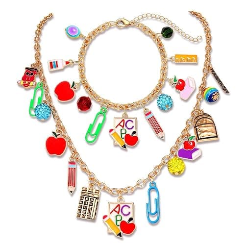 YAHPERN Teacher Necklace Earrings Bracelet for Women, Teacher Accessories, Cute Apple Pencil Book Charms Bracelet Choker Necklace Apple Earrings Teacher Appreciation Gifts Back To School Jewelry thumbnail 8