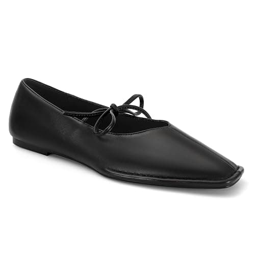 XBKXMK Lace Up Ballet Flats for Women Bow Square Toe Mary Jane Flats Slip On Leather Ballerina Shoes thumbnail 6