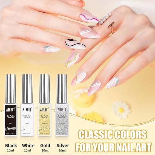 Gel Liner Art Polish Set 10ml, 4 Colors Black White Gold Silver Design Paint with Thin Brush in Bottle for Swirl/ Euphoria French Tips Manicure Painting DIY at Home thumbnail 2