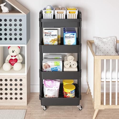Calmootey 4-Tier Rolling Utility Cart with Drawer,Multifunctional Storage Organizer with Plastic Shelf & Metal Wheel,Storage Cart for Kitchen,Bathroom,Living Room,Office,Black thumbnail 4