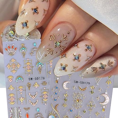Sun Moon Nail Art Stickers 5D Embossed Totem Bohemian Style Nail Decals 2PCS Metallic Gold Lace Lines Green Gem Luxury Design Nails Adhesive Stickers Supply for Women DIY Manicure Decorations - Image 1