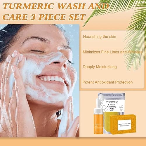 Turmeric Wash and Care Three Piece Set,Tuemeric Facial Cleanser & Turmeric Soap Bar & Turmeric Face Scrub Pads,Turmeric Cleansing Skincare Set for Face & Body, Deep Cleansing thumbnail 2