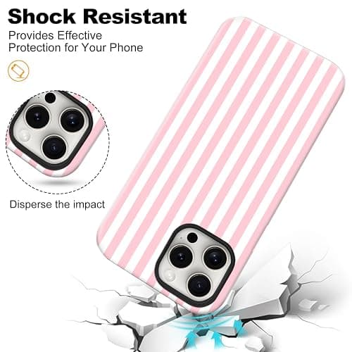 flewfun Magnetic for iPhone 16 Pro Case Cute Stripes Phone Case, Shockproof Slim TPU and Hard PC Protective Phone Cover Compatible with MagSafe Designed for Women Girls, Pink and White thumbnail 6